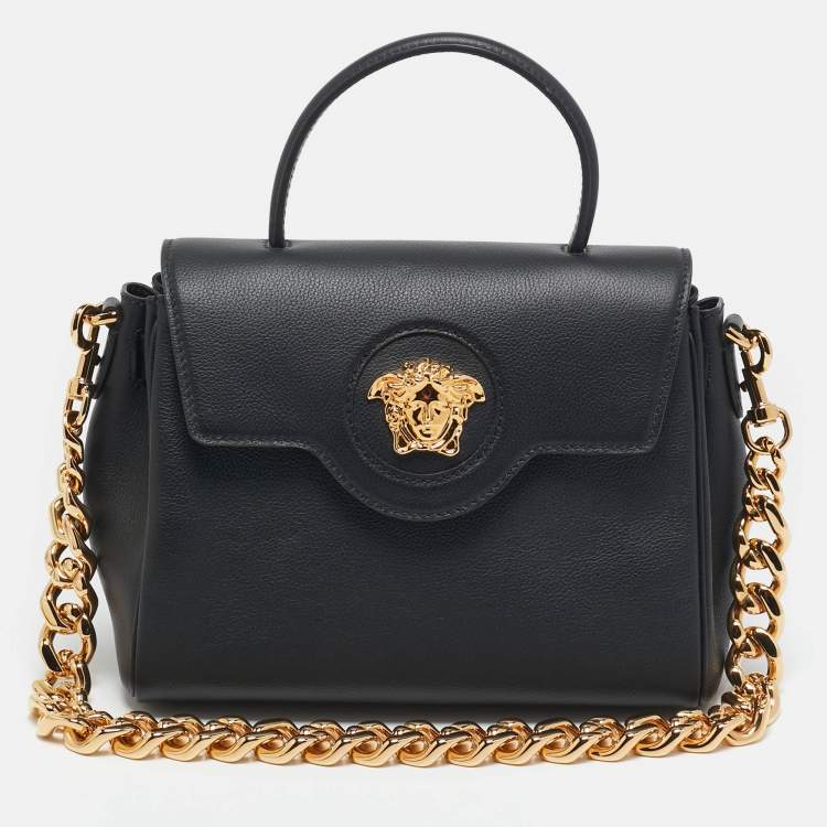 Pre Owned Versace Black Leather La Medusa Top Handle Bag