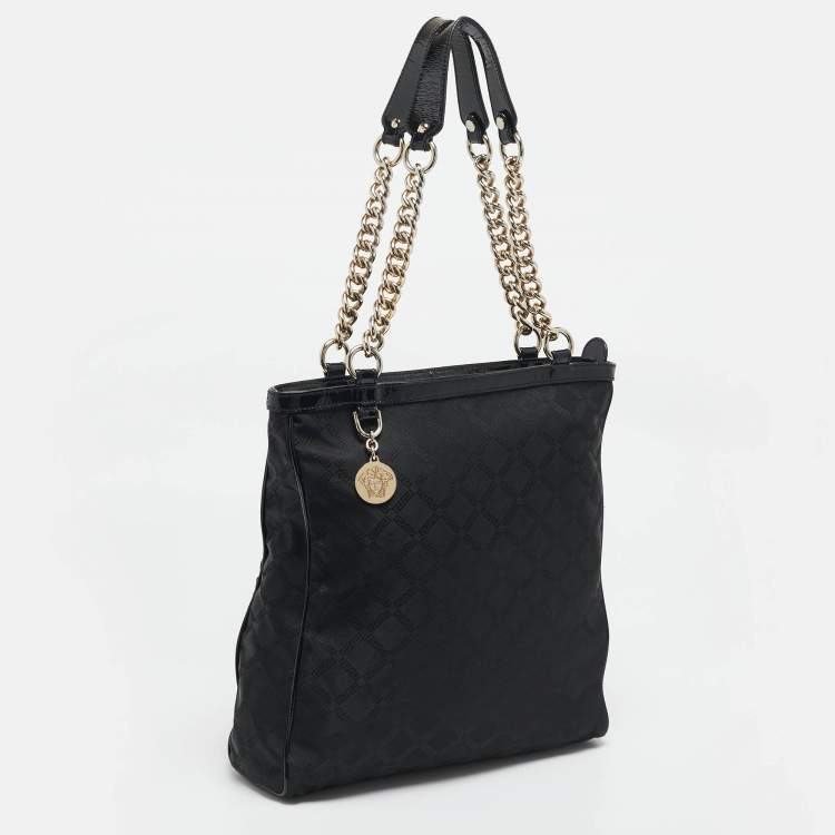 Pre Owned Versace Black Signature Fabric and Patent Leather Chain Tote
