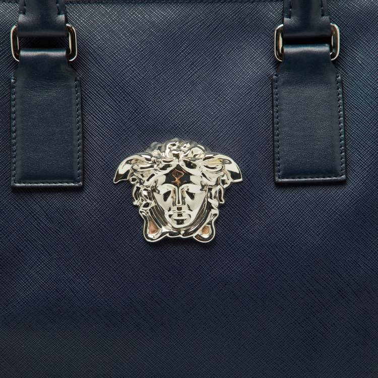 Pre Owned Versace Navy Blue Saffiano Leather La Medusa Shopper Tote