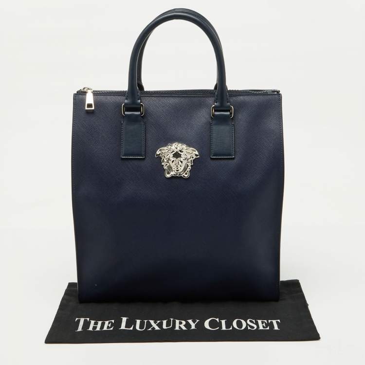 Pre Owned Versace Navy Blue Saffiano Leather La Medusa Shopper Tote