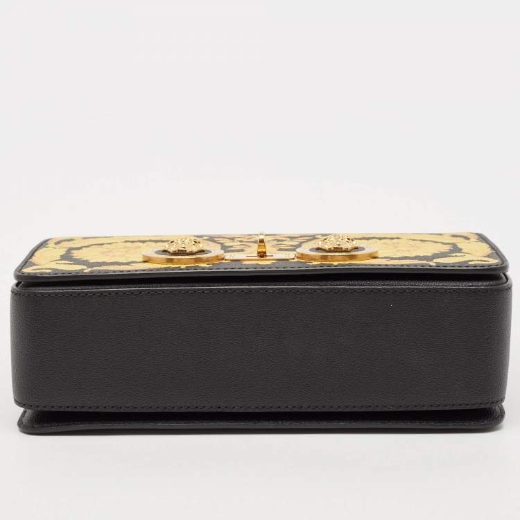 Pre Owned Versace Black/Yellow Baroque Print Leather Icon Medusa Shoulder Bag