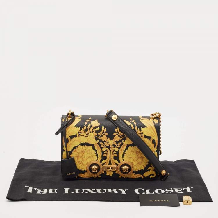 Pre Owned Versace Black/Yellow Baroque Print Leather Icon Medusa Shoulder Bag