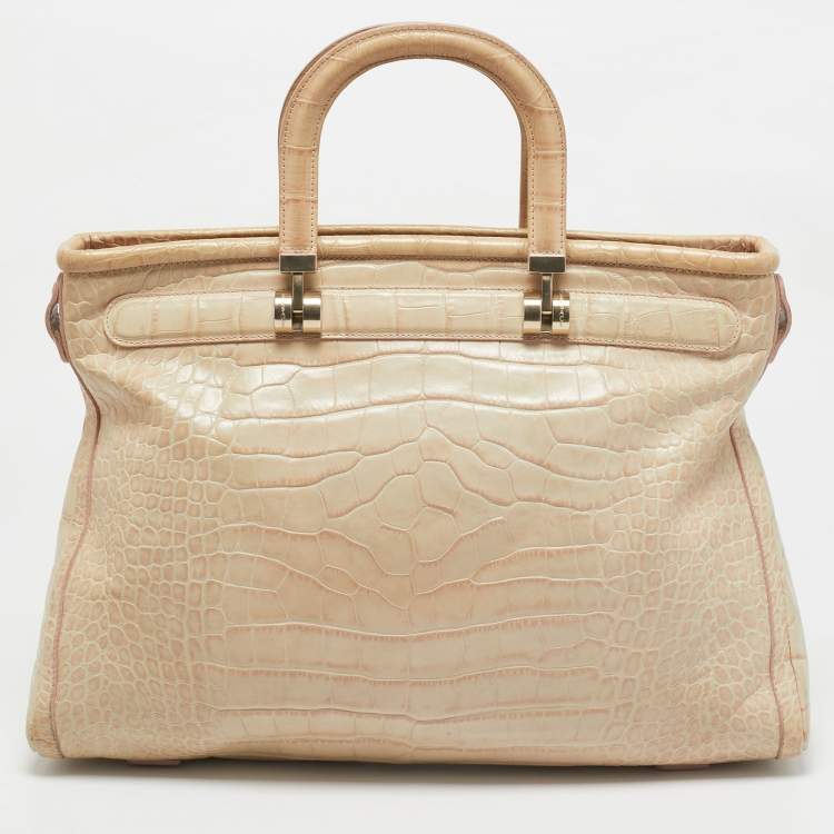 مملوكة مسبقًا Versace Beige Croc Embossed Leather Front Pocket Shopper Tote