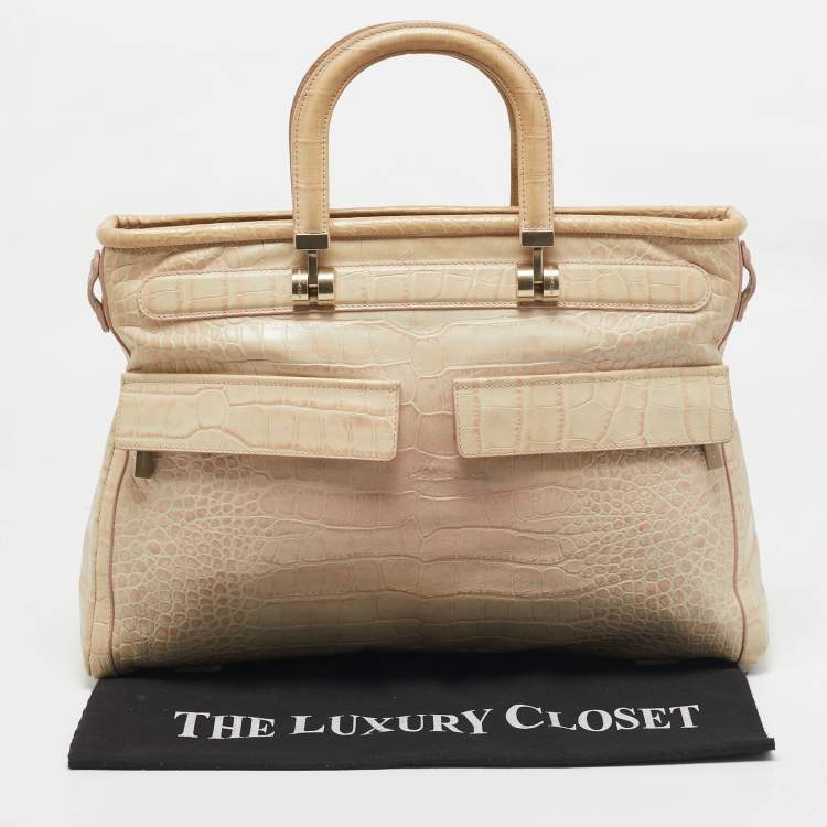 مملوكة مسبقًا Versace Beige Croc Embossed Leather Front Pocket Shopper Tote