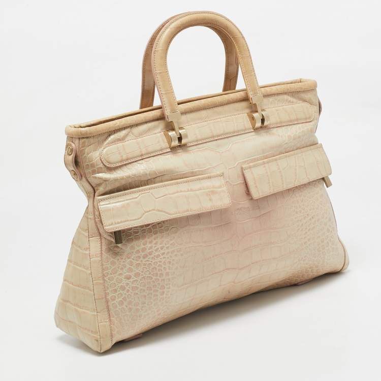 مملوكة مسبقًا Versace Beige Croc Embossed Leather Front Pocket Shopper Tote