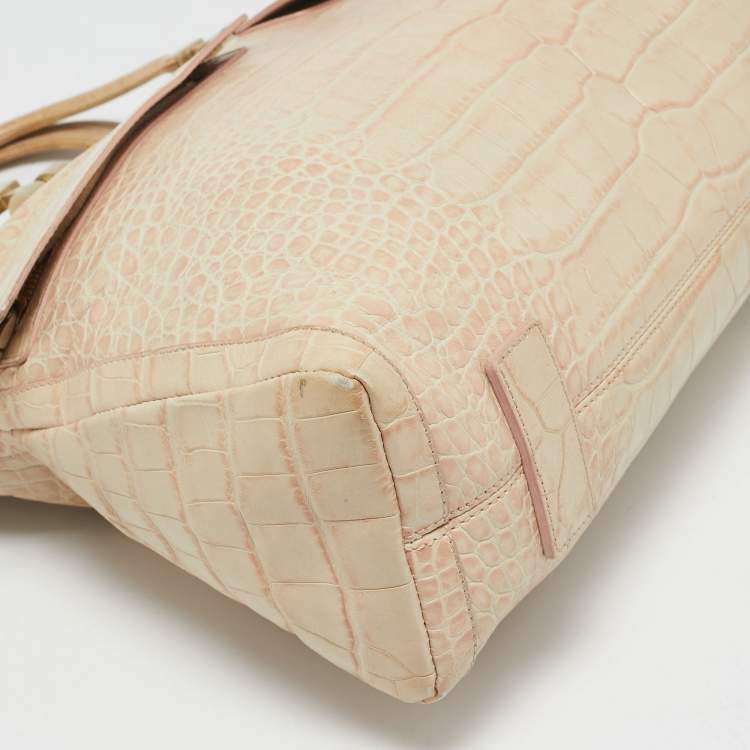 مملوكة مسبقًا Versace Beige Croc Embossed Leather Front Pocket Shopper Tote
