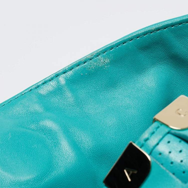 Pre Owned Versace Turquoise Blue Perforated Leather Striped Detail Hobo