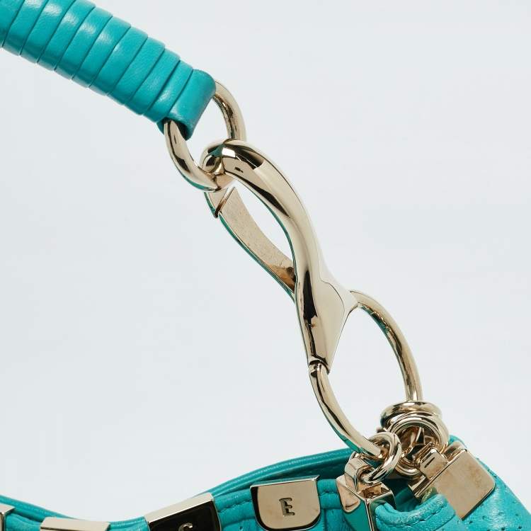 Pre Owned Versace Turquoise Blue Perforated Leather Striped Detail Hobo