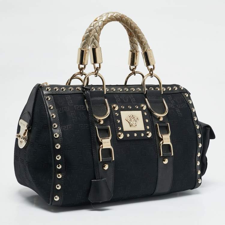 Pre Owned Versace Black/Gold Signature Fabric and Leather Studded Snap Out Of It Satchel