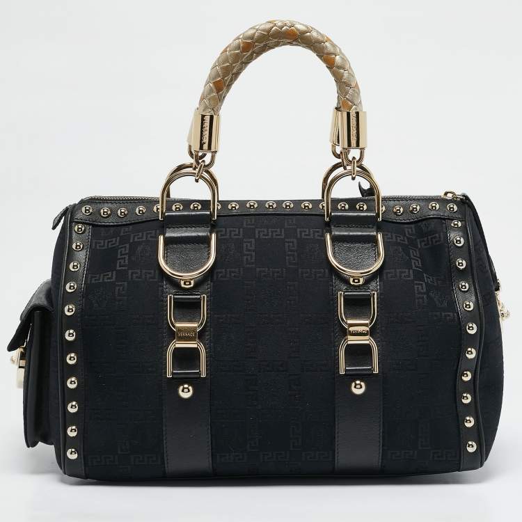 Pre Owned Versace Black/Gold Signature Fabric and Leather Studded Snap Out Of It Satchel