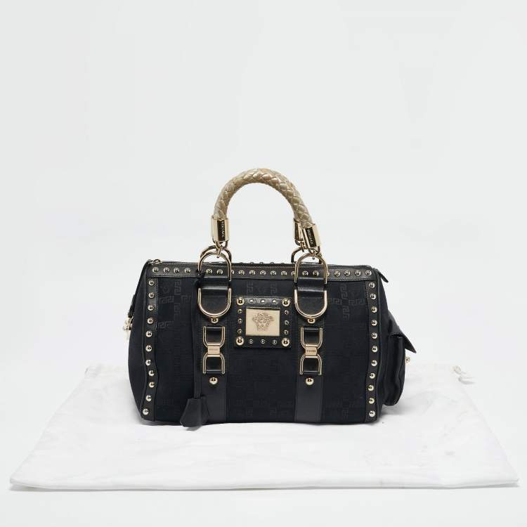Pre Owned Versace Black/Gold Signature Fabric and Leather Studded Snap Out Of It Satchel