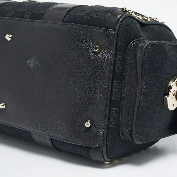 Pre Owned Versace Black/Gold Signature Fabric and Leather Studded Snap Out Of It Satchel