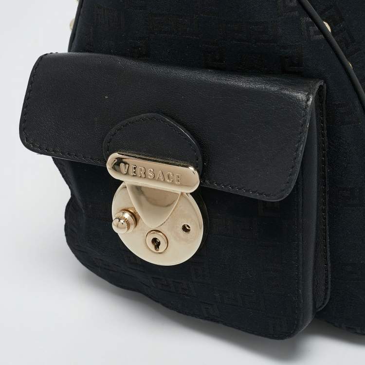 Pre Owned Versace Black/Gold Signature Fabric and Leather Studded Snap Out Of It Satchel
