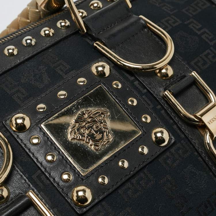 Pre Owned Versace Black/Gold Signature Fabric and Leather Studded Snap Out Of It Satchel