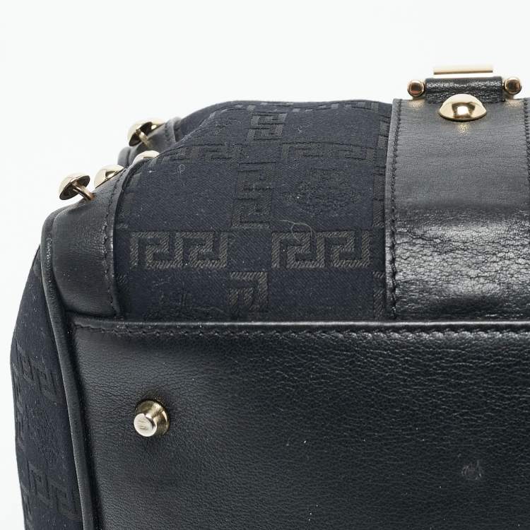 Pre Owned Versace Black/Gold Signature Fabric and Leather Studded Snap Out Of It Satchel