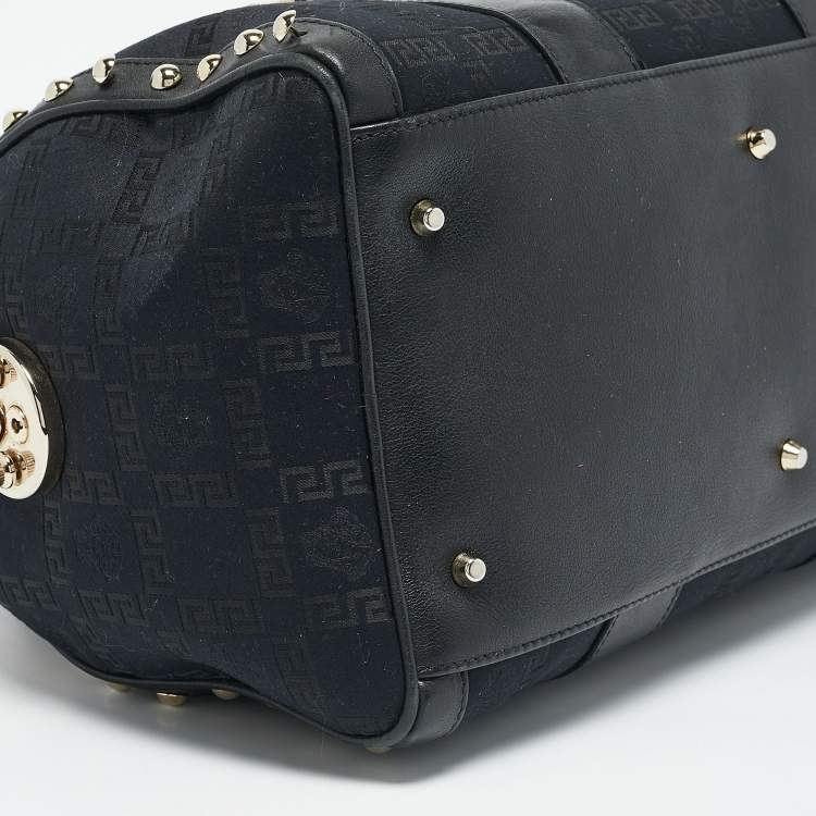 Pre Owned Versace Black/Gold Signature Fabric and Leather Studded Snap Out Of It Satchel