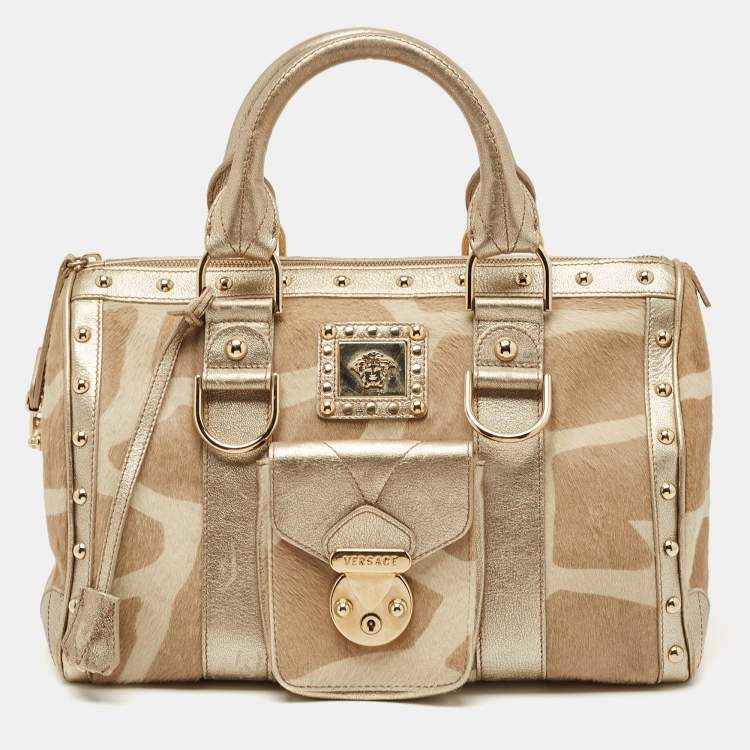 Pre Owned Versace Gold/Beige Calf Hair and Leather Snap Out Of It Satchel