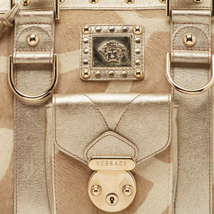 Pre Owned Versace Gold/Beige Calf Hair and Leather Snap Out Of It Satchel