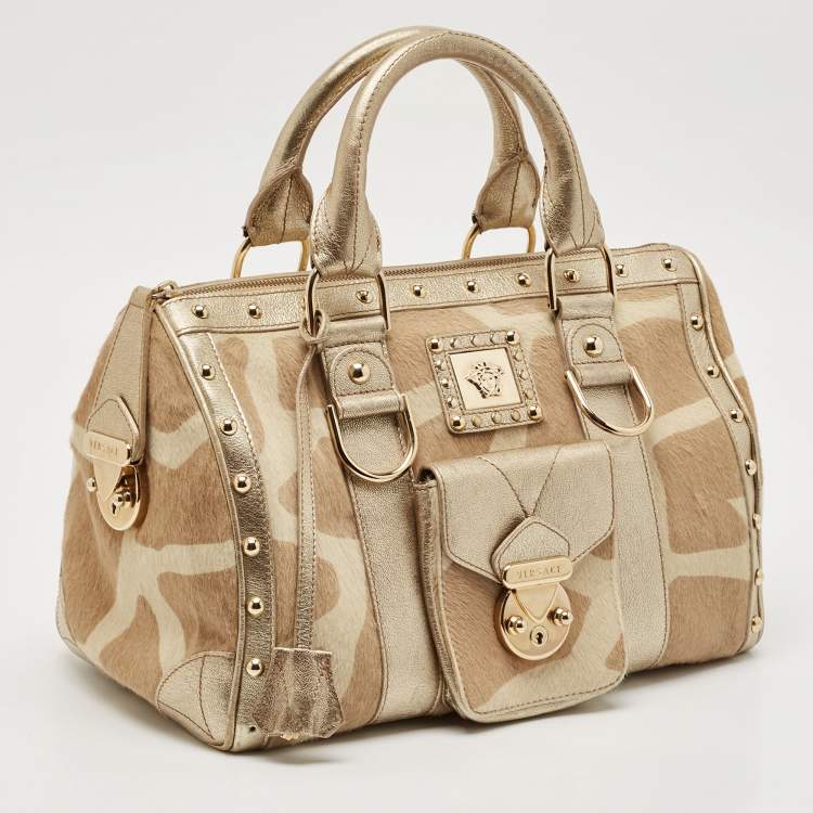 Pre Owned Versace Gold/Beige Calf Hair and Leather Snap Out Of It Satchel