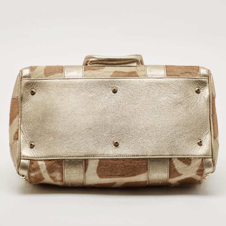 Pre Owned Versace Gold/Beige Calf Hair and Leather Snap Out Of It Satchel