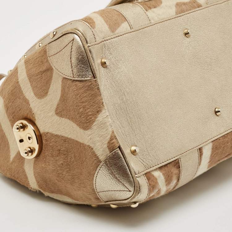 Pre Owned Versace Gold/Beige Calf Hair and Leather Snap Out Of It Satchel
