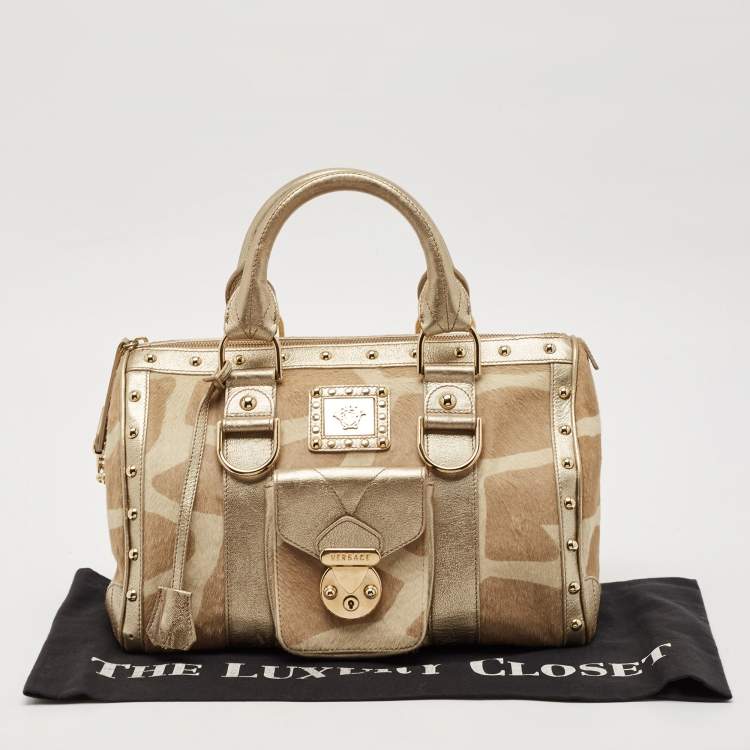 Pre Owned Versace Gold/Beige Calf Hair and Leather Snap Out Of It Satchel