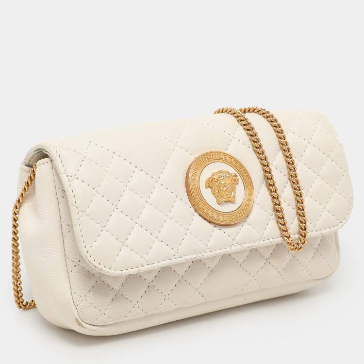 Pre Owned Versace White Quilted Leather La Medusa Chain Crossbody Bag