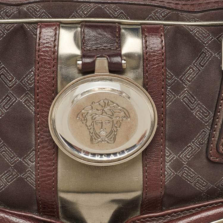 Pre Owned Versace Brown Signature Canvas and Leather Double Pocket Satchel