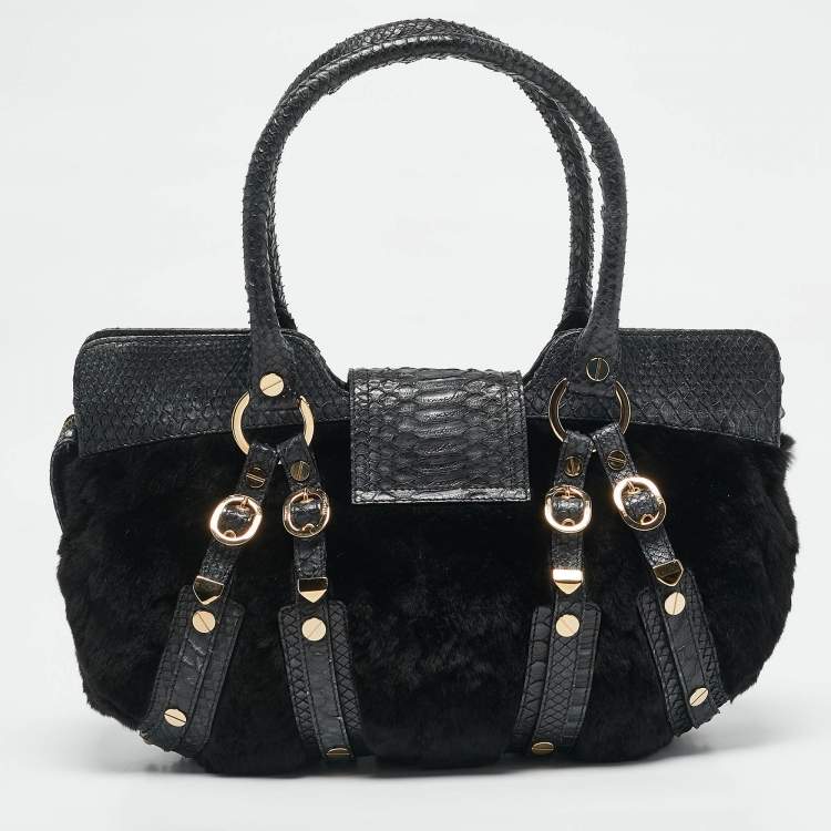 Pre Owned Versace Navy Blue Fur and Python Medusa Shoulder Bag
