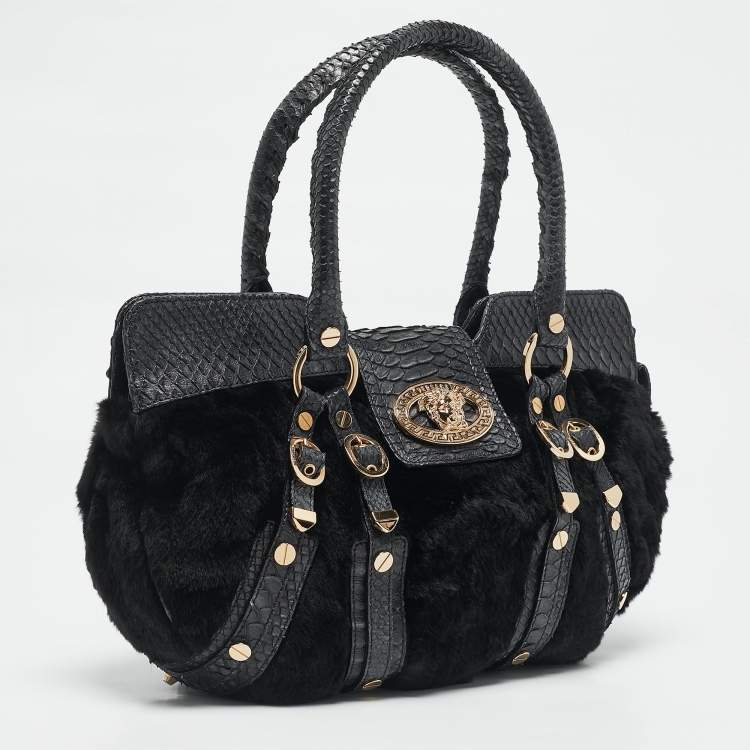 Pre Owned Versace Navy Blue Fur and Python Medusa Shoulder Bag