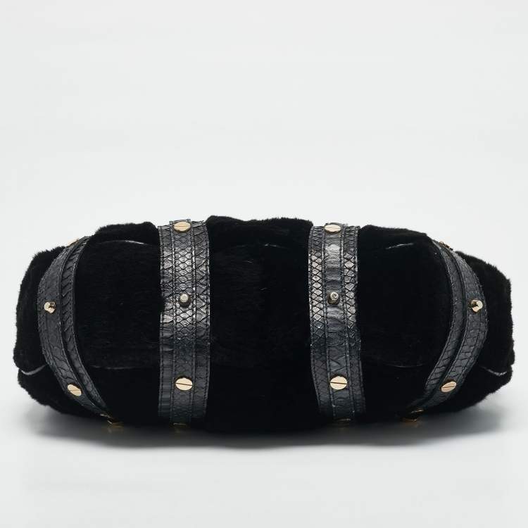 Pre Owned Versace Navy Blue Fur and Python Medusa Shoulder Bag