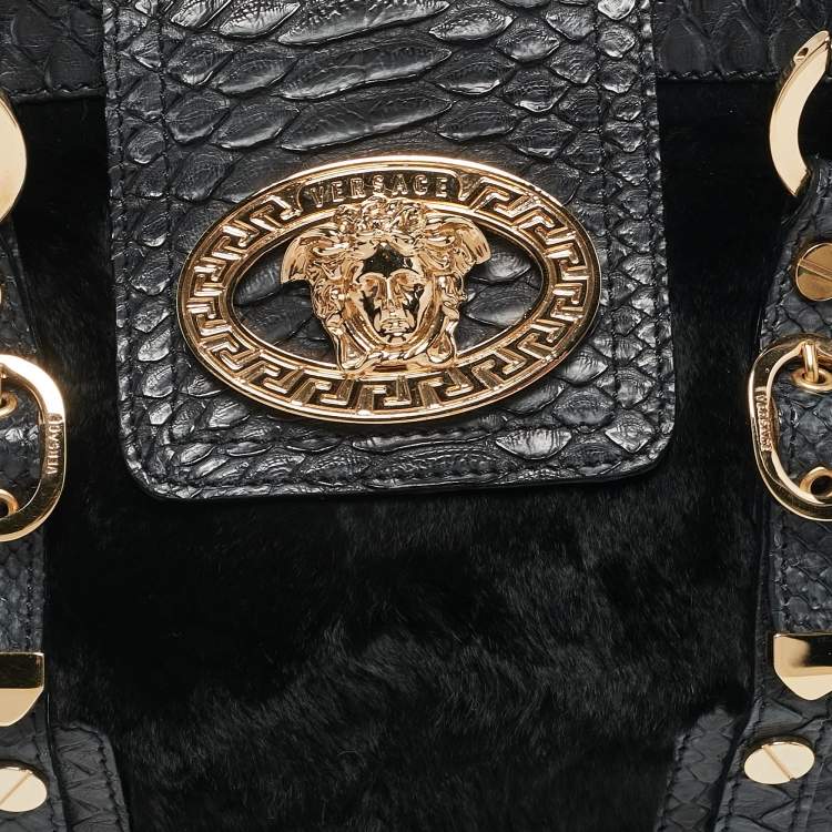 Pre Owned Versace Navy Blue Fur and Python Medusa Shoulder Bag
