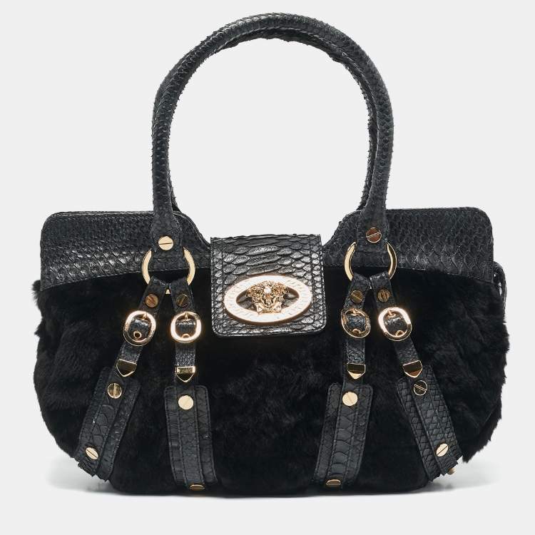 Pre Owned Versace Navy Blue Fur and Python Medusa Shoulder Bag