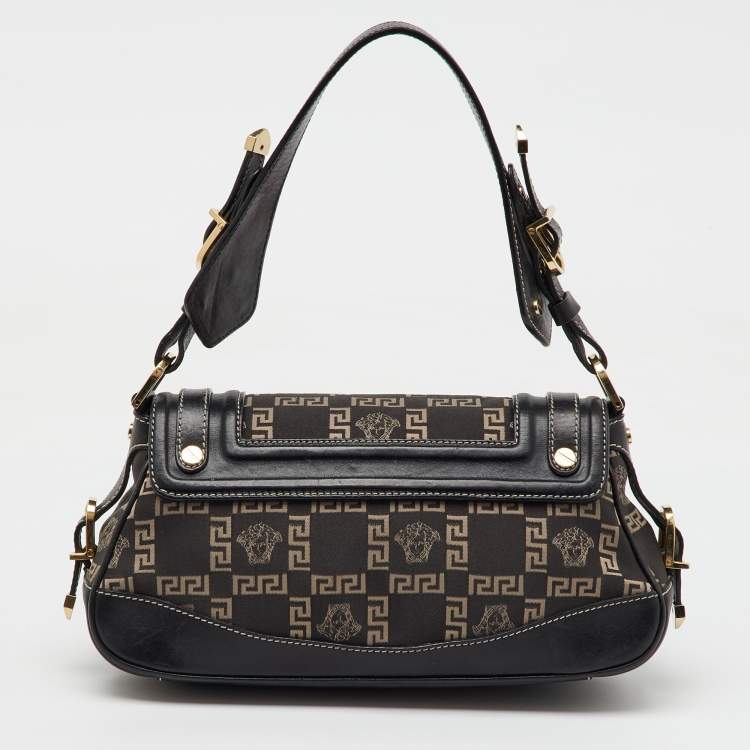 Pre Owned Versace Black Signature Canvas and Leather Vintage Medusa Shoulder Bag