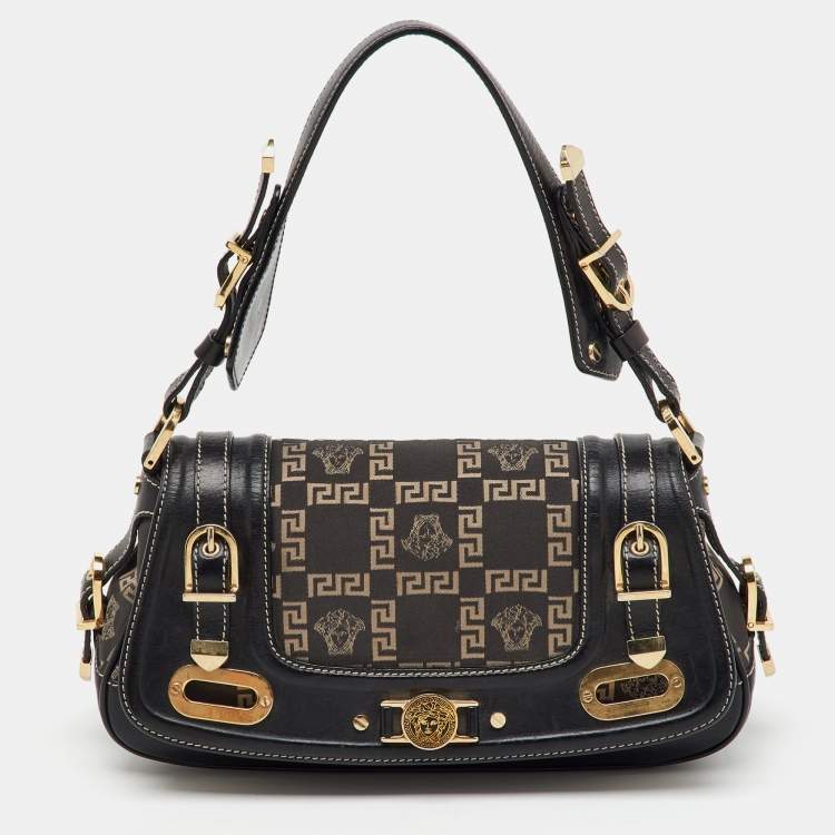 Pre Owned Versace Black Signature Canvas and Leather Vintage Medusa Shoulder Bag