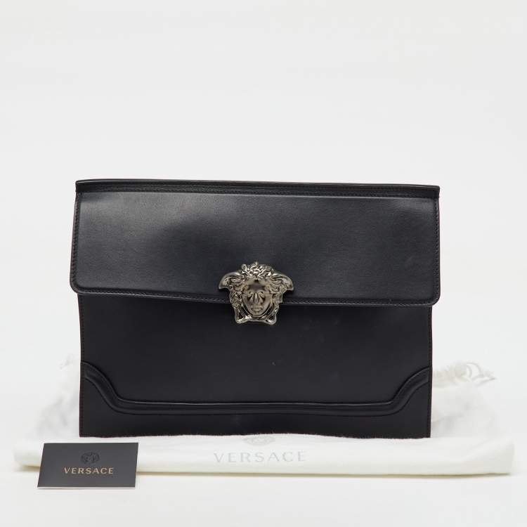 Pre Owned Versace Black Leather Medusa Flap Pouch Clutch