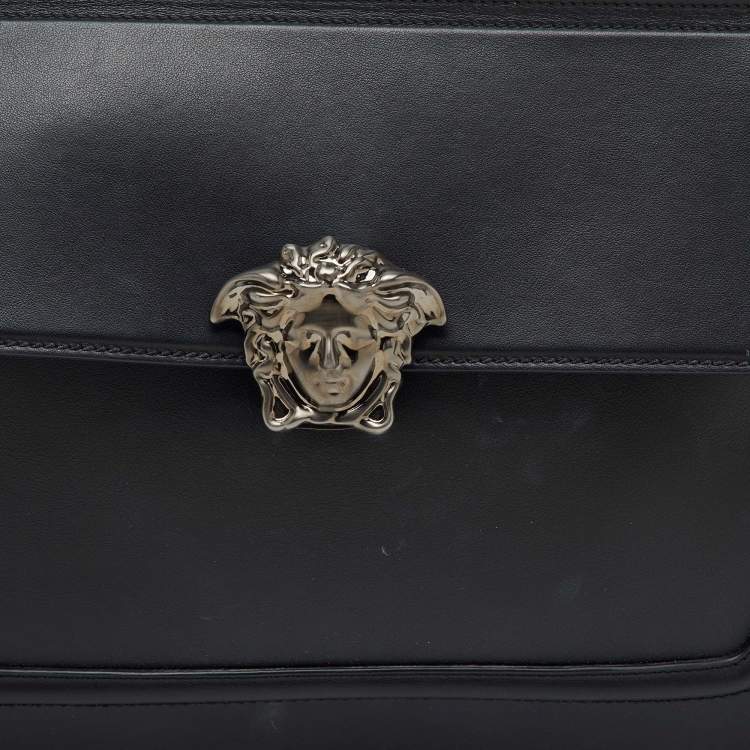 Pre Owned Versace Black Leather Medusa Flap Pouch Clutch