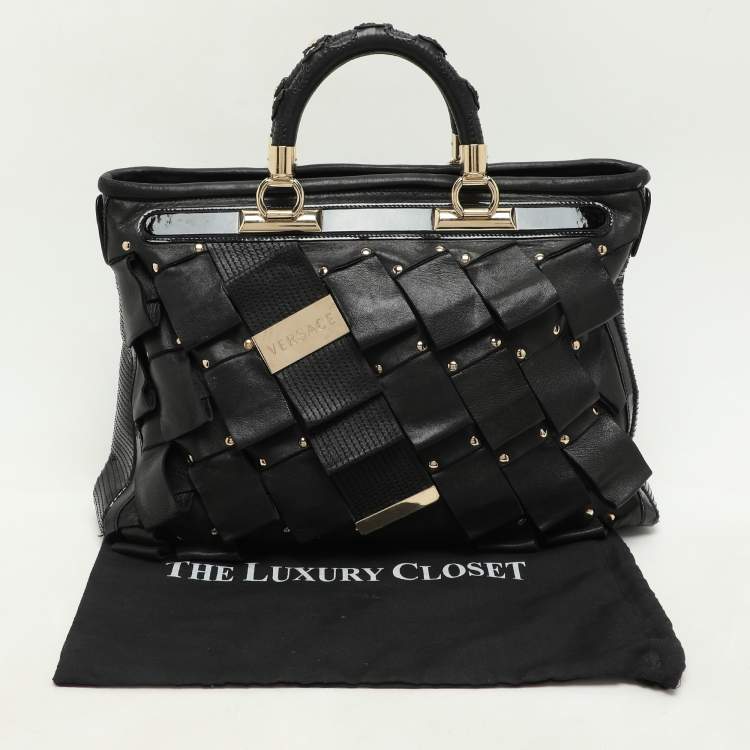 Pre Owned Versace Black Leather and Patent Leather Vanitas Tote