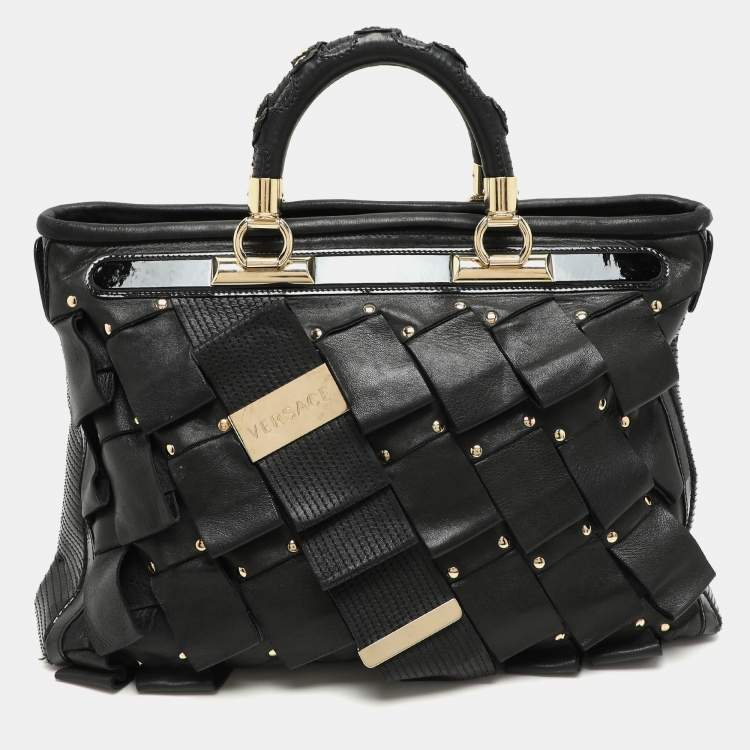 Pre Owned Versace Black Leather and Patent Leather Vanitas Tote