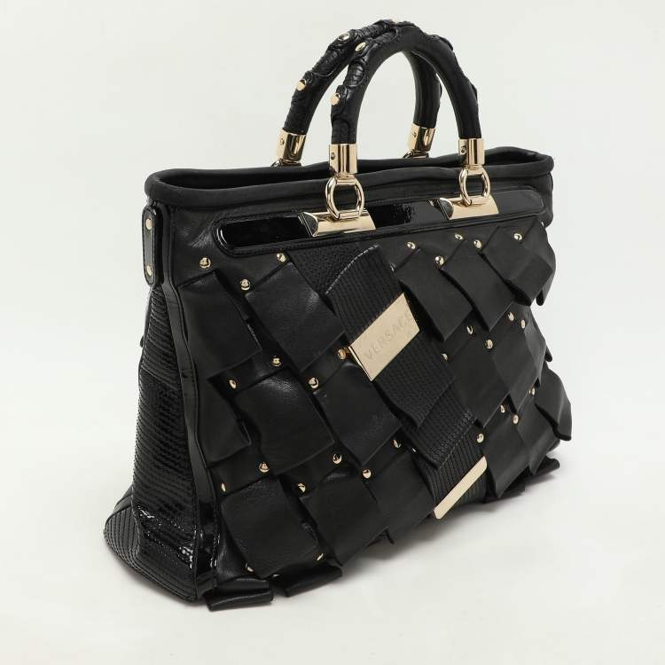 Pre Owned Versace Black Leather and Patent Leather Vanitas Tote