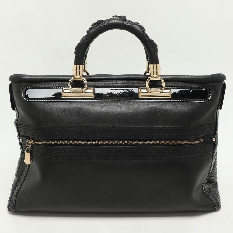 Pre Owned Versace Black Leather and Patent Leather Vanitas Tote