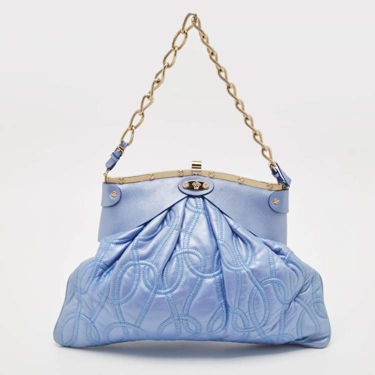 Pre Owned Versace Metallic Light Blue Leather Mirror Frame Chain Shoulder Bag