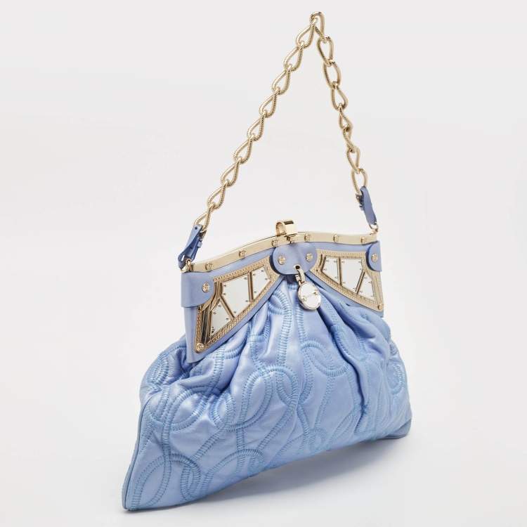 Pre Owned Versace Metallic Light Blue Leather Mirror Frame Chain Shoulder Bag