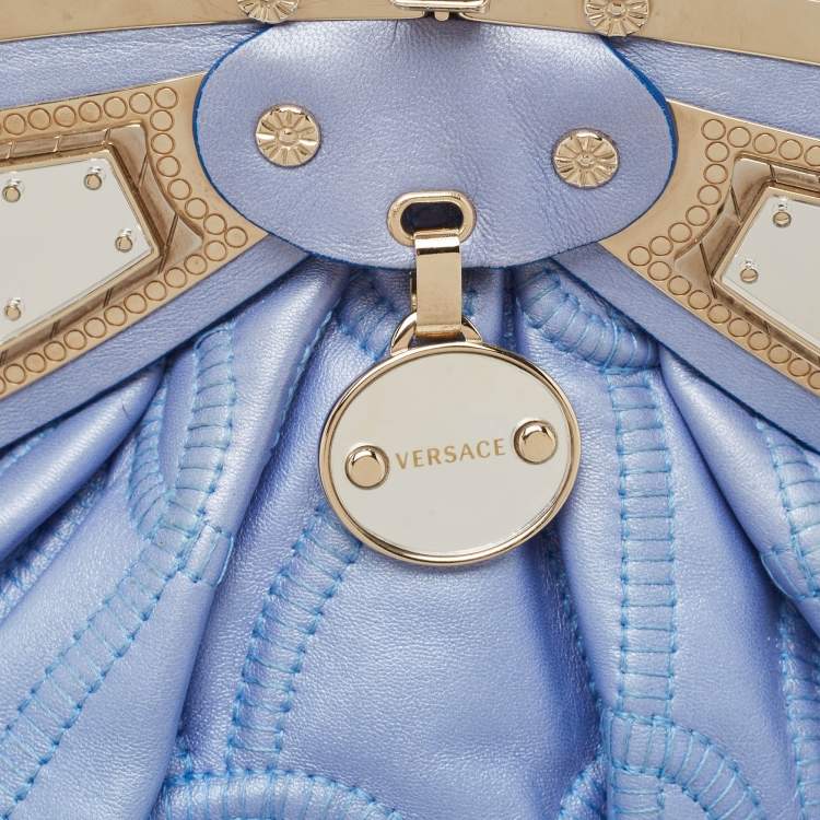Pre Owned Versace Metallic Light Blue Leather Mirror Frame Chain Shoulder Bag