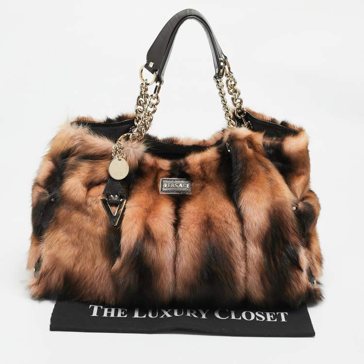 Pre Owned Versace Peach/Choco Brown Fur and Leather Charm Chain Tote