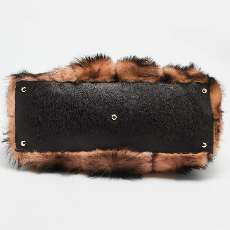 Pre Owned Versace Peach/Choco Brown Fur and Leather Charm Chain Tote