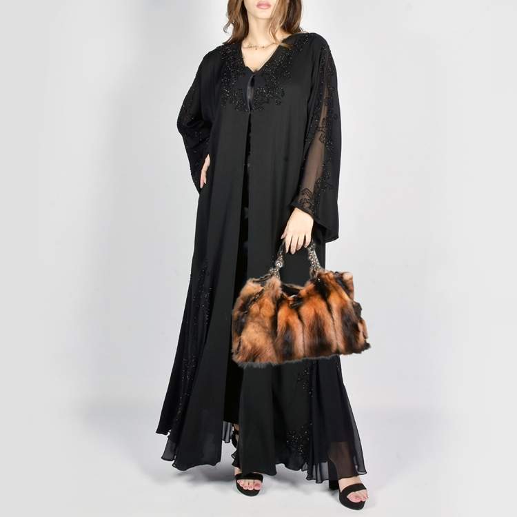 Pre Owned Versace Peach/Choco Brown Fur and Leather Charm Chain Tote