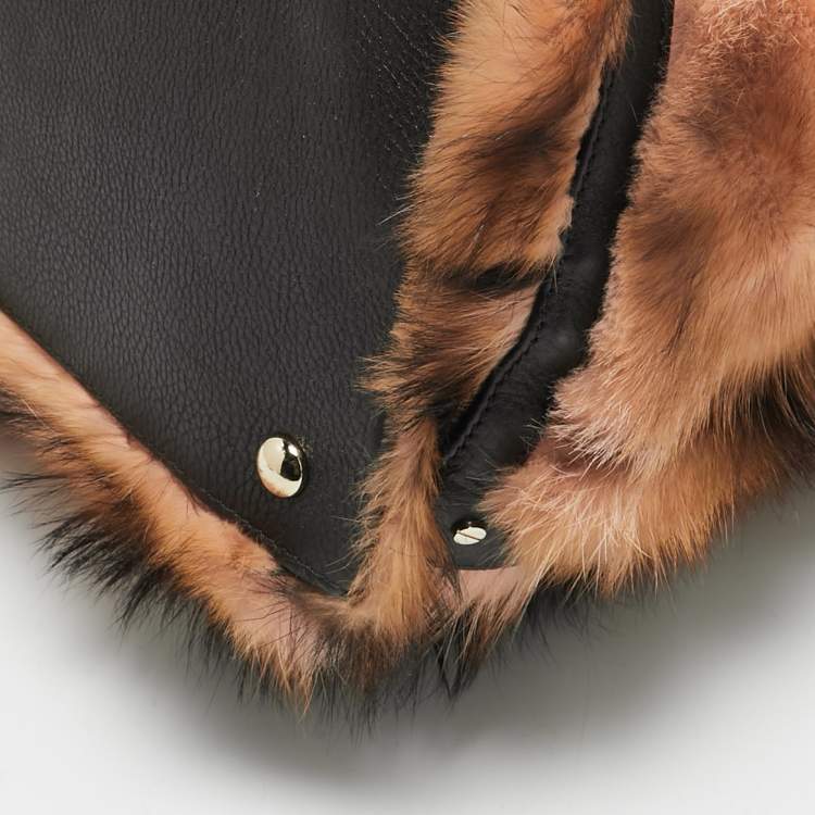 Pre Owned Versace Peach/Choco Brown Fur and Leather Charm Chain Tote