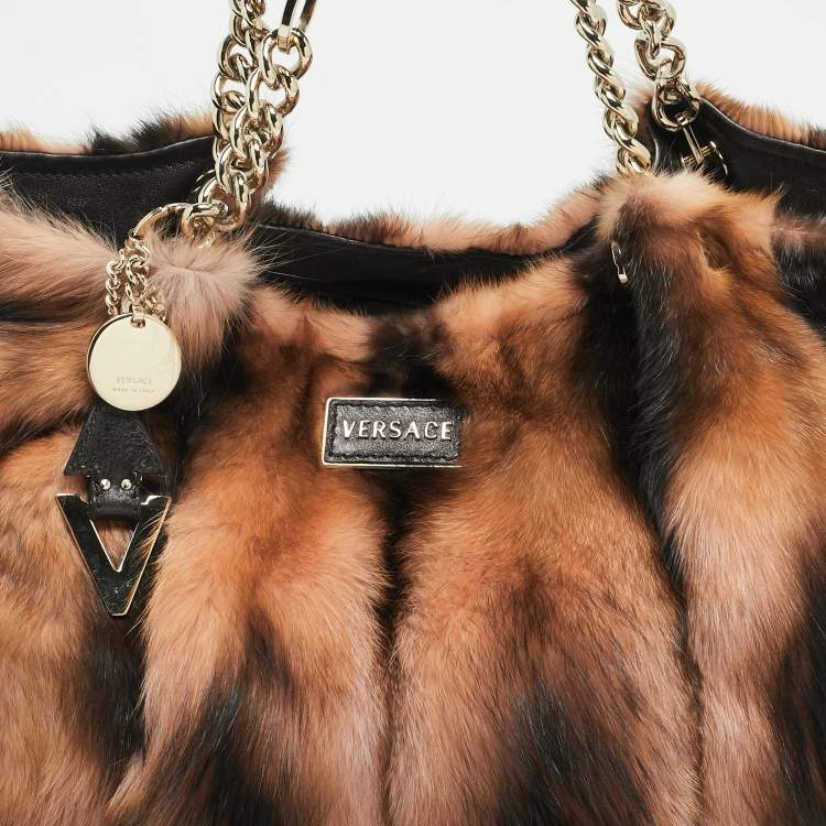 Pre Owned Versace Peach/Choco Brown Fur and Leather Charm Chain Tote