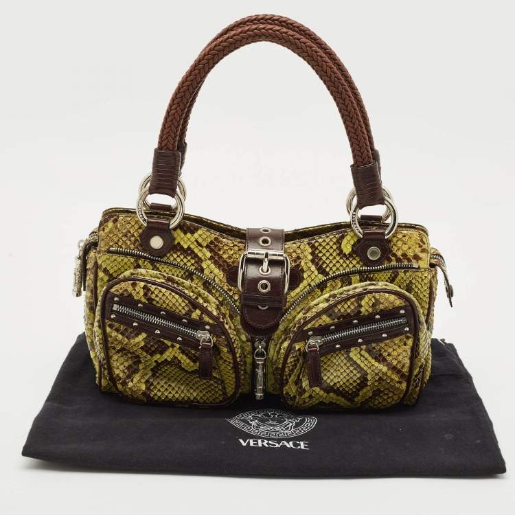 Pre Owned Versace Green Leather and Python Multiple Pocket Satchel